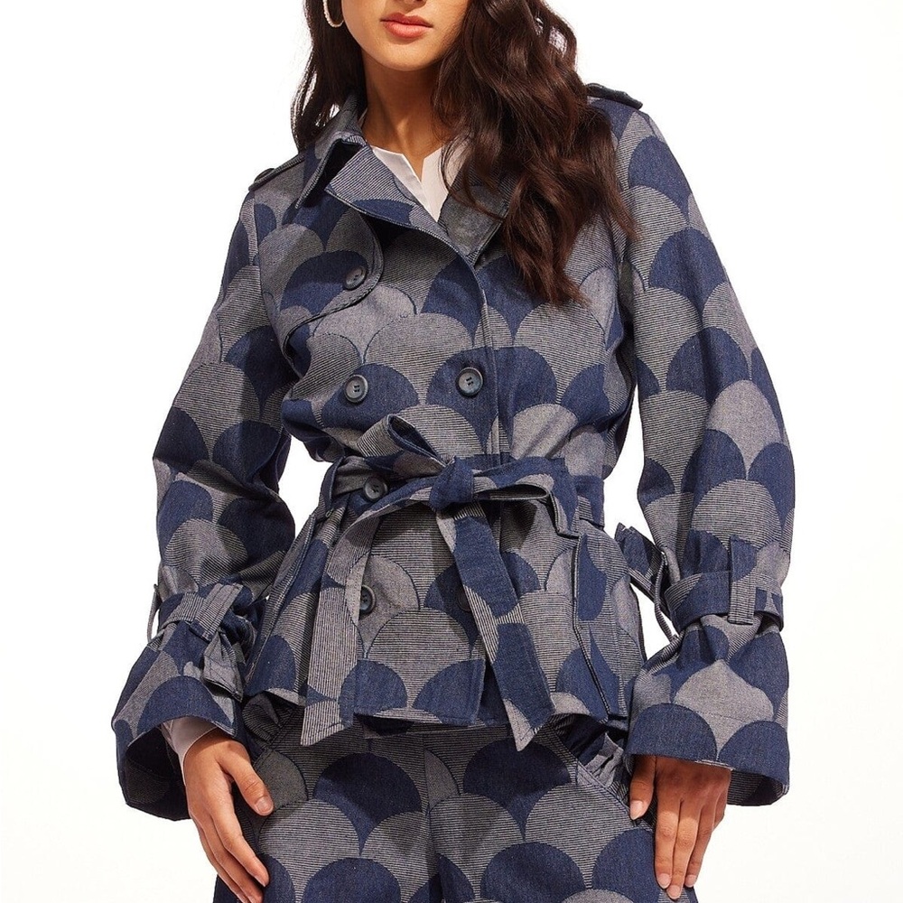 Eva Franco Brex Jacket Atomic Denim Blue Scallop Double Breasted Size 6 - Picture 1 of 14